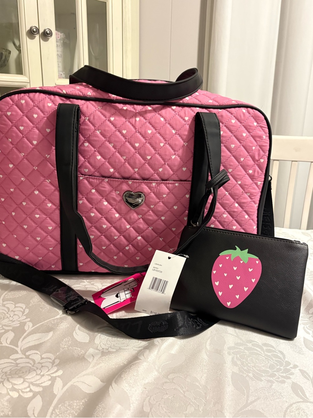 Luv Betsey Quilted Travel Bag with Strawberry Pouch size 14” W x 12” 4” D NWT